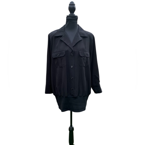 Women’s black button blouse w 2 frontal pockets & waistband by Diane Gilman S L - Picture 1 of 5